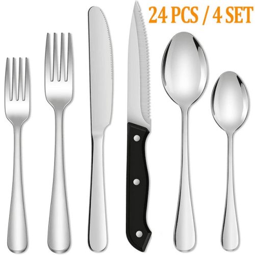 24 Piece Silverware Set with Steak Knives, Stainless Steel Flatware Set, Cutlery Set Service for 4, Mirror Polished Utensils Set, Forks and Spoons Sil 24 Piece Silverware Set with Steak Knives, Stainless Steel Flatware Set, Cutlery Set Service for 4, Mirror Polished Utensils Set, Forks and Spoons Sil