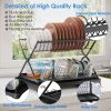 2 Tier Dish Drying Rack with Cup Holder Foldable Dish Drainer Shelf for Kitchen Countertop Rustproof Utensil Holder with Drainboard Black